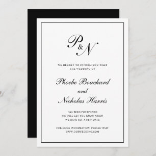 Formele Black White Monogram Wedding Postponement Kaart