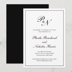 Formele Black White Monogram Wedding Postponement Kaart