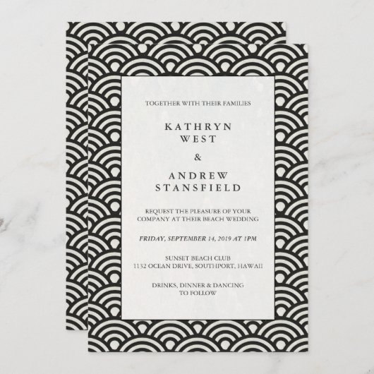 Formele Black + White Patterned Wedding Invitation Kaart (Voorkant / Achterkant)