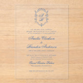 Formele Blauwe Bloemen Monogram Crest & Script Wed Acryl Uitnodigingen (Voorkant)