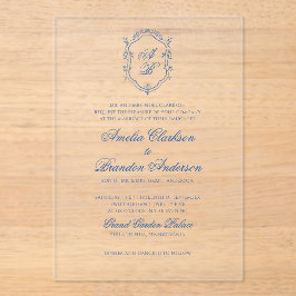 Formele Blauwe Bloemen Monogram Crest & Script Wed Acryl Uitnodigingen