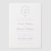 Formele Blauwe Bloemen Monogram Crest & Script Wed Vellum Uitnodigingen (Voorkant)