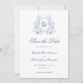 Formele Blauwe Bloemenkam Monogram Elegante Huweli Save The Date (Voorkant)