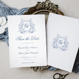 Formele Blauwe Bloemenkam Monogram Elegante Huweli Save The Date