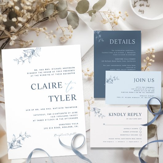 Formele, blauwe, moderne, minimale Typografie Wedd Kaart