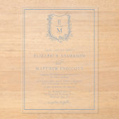 Formele Bloemen Monogram Kam Stoffig Blauw Bruilof Acryl Uitnodigingen (Voorkant)