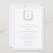 Formele Bloemen Monogram Kam Stoffig Blauw Bruilof Kaart (Voorkant)