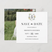 Formele bloemige monogram wapenschild trouw save the date (Voorkant / Achterkant)
