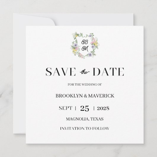 Formele bloemige monogram wapenschild trouw save the date (Voorkant)