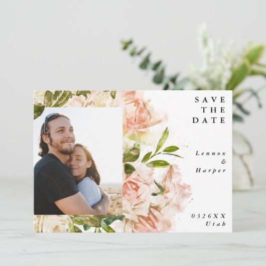 Formele blushing Roze Rosseta Foto Weddenschap Save The Date (Staand voorkant)