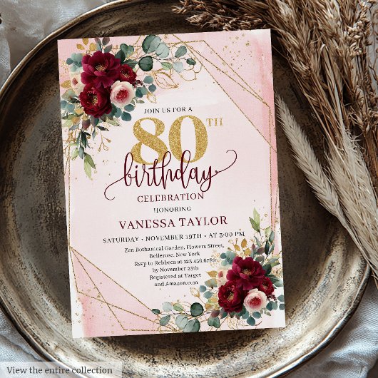 Formele Boho Donkerrode Gouden Rozen 80ste Verjaar Kaart