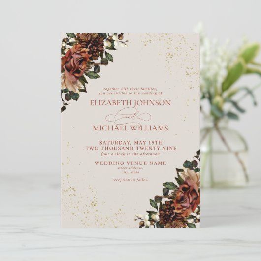 Formele Boho Terracotta Greenery Floral Wedding Kaart (Staand voorkant)