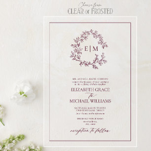 Formele Bourgogne Leafy Crest Monogram Weddenschap Acryl Uitnodigingen