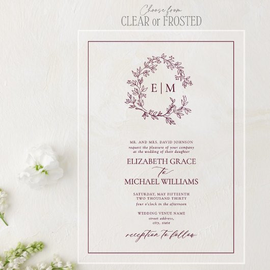 Formele Bourgogne Leafy Crest Monogram Weddenschap Acryl Uitnodigingen