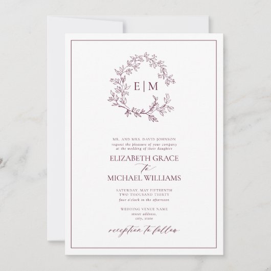 Formele Bourgogne Leafy Crest Monogram Weddenschap Kaart (Voorkant)