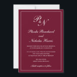 Formele Bourgondische Monogram Elegante Huwelijk Kaart<br><div class="desc">Traditionele bruine bruidsbruidebruidebruidsuitnodiging met een eenvoudig en klassiek ontwerp met uw twee initiaal monogram en uw namen in een elegante kalligrafie binnen een dunne rand. Alle ontwerpelementen kunnen worden gewijzigd in het ontwerpbewerkgereedschap. Deze elegante trouwuitnodigingen zijn perfect voor een formele bruiloft.</div>