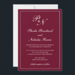 Formele Bourgondische Monogram Elegante Huwelijk Kaart<br><div class="desc">Traditionele bruine bruidsbruidebruidebruidsuitnodiging met een eenvoudig en klassiek ontwerp met uw twee initiaal monogram en uw namen in een elegante kalligrafie binnen een dunne rand. Alle ontwerpelementen kunnen worden gewijzigd in het ontwerpbewerkgereedschap. Deze elegante trouwuitnodigingen zijn perfect voor een formele bruiloft.</div>