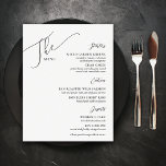 Formele bruiloft Menu Elegant Black White<br><div class="desc">Deze lichte en lichte 8, 5 x 11-inch elegante formele menu's van het diner hebben zwarte letters op een beenwitte achtergrond met het bericht "Het Menu, "met placeholders voor 2 eetapparaten,  2 entrees,  2 kanten en 2 desserts.</div>