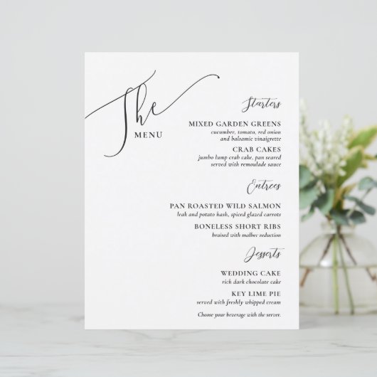 Formele bruiloft Menu Elegant Black White (Staand voorkant)