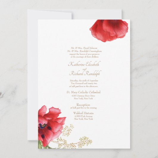 Formele bruiloft Rode Floral & gouduitnodiging Kaart (Voorkant)