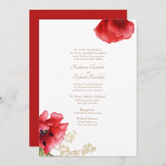 Formele bruiloft Rode Floral & gouduitnodiging Kaart (Voorkant / Achterkant)