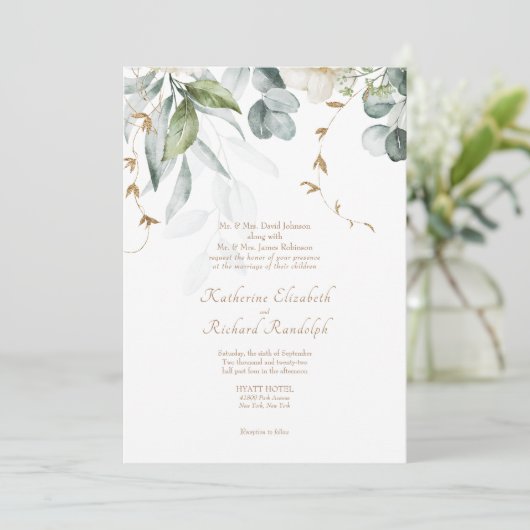 Formele Bruiloft Witte Bloemen Uitnodiging Elegant (Staand voorkant)