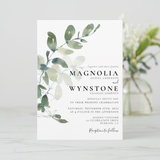 Formele bruine eucalyptus bruiloft kaart (Staand voorkant)