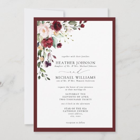 Formele Burgundy Blush Floral Waterverf Script Kaart (Voorkant)