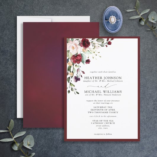Formele Burgundy Blush Floral Waterverf Script Kaart