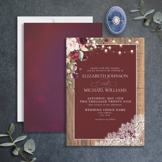 Formele Burgundy Blush Wood Lace Script Weduwschap Kaart