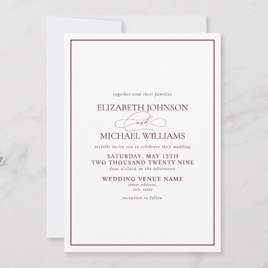 Formele Burgundy Classic Script Weddenschap Kaart (Voorkant)