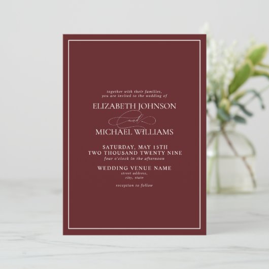 Formele Burgundy Classic Script Weddenschap Kaart (Staand voorkant)