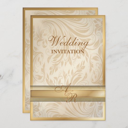 Formele champagne gouden damasten trouwuitnodiging kaart (Voorkant / Achterkant)