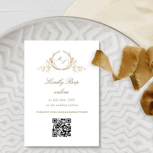 Formele Chique Wit en Gouden Monogram QR Code RSVP Informatiekaartje