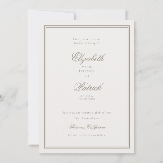 Formele Classic Dubbele Lijst Delicate Ecru Huweli Save The Date (Voorkant)