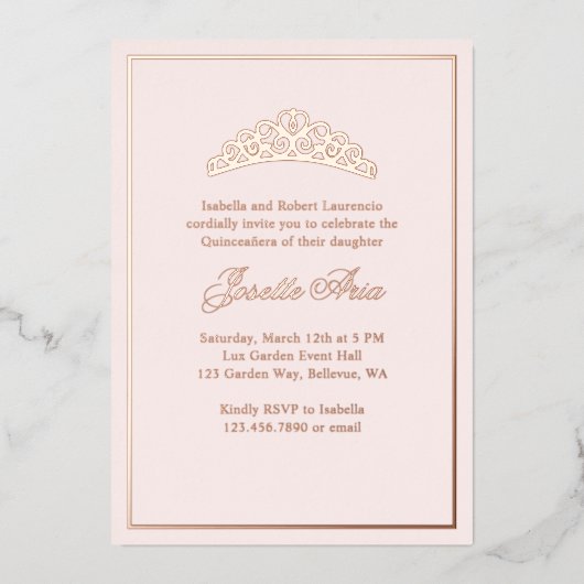 Formele Classic Luxe Blush Roze Quinceanera Folie Uitnodiging (Voorkant)