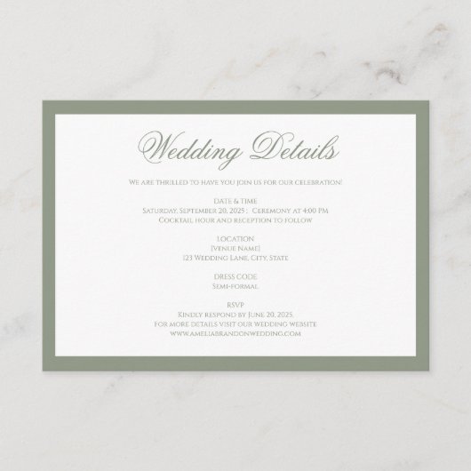 Formele Classic Sage Green Grended Wedding Details Informatiekaartje (Voorkant)