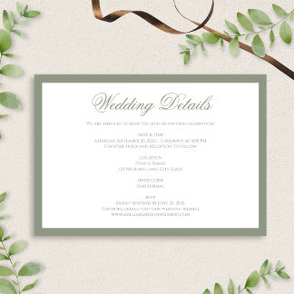 Formele Classic Sage Green Grended Wedding Details Informatiekaartje
