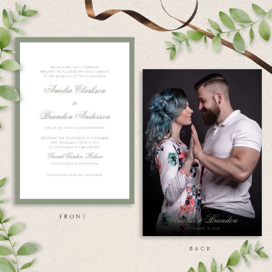Formele Classic Sage Green & Script Fotobruiloft Kaart