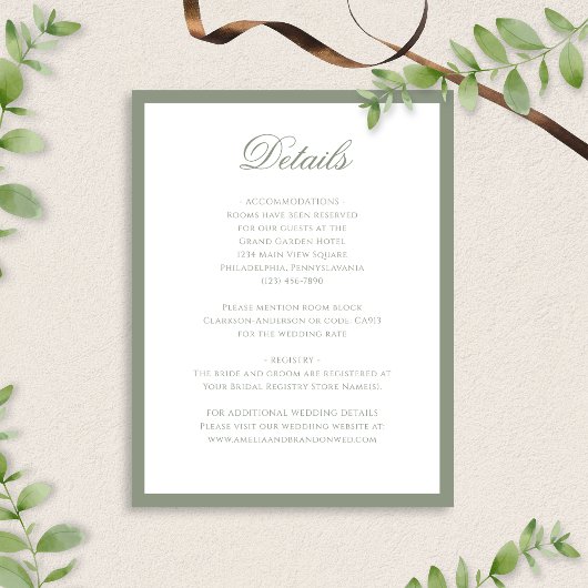 Formele Classic Sage Green Wedding Details Informatiekaartje