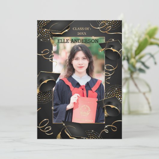 Formele Classic Zwart Goud Graduation Cap Kaart (Staand voorkant)