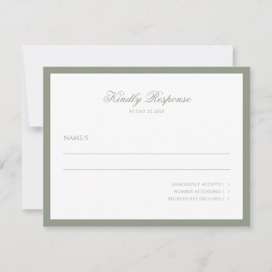 Formele Classy Sage Green Border Script Wedding RSVP Kaartje (Voorkant)