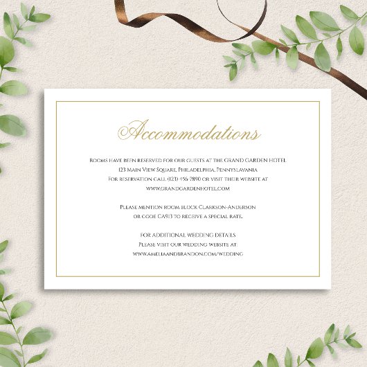 Formele Classy Zwart & Goud bruiloft accommodaties Informatiekaartje