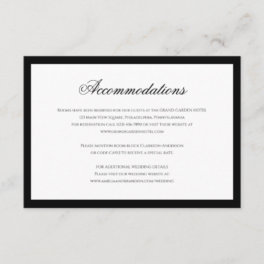 Formele Classy Zwart & Wit bruiloft accommodaties Informatiekaartje (Voorkant)