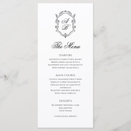 Formele Classy Zwart-wit Monogram Crest Bruiloft Menu (Voorkant)