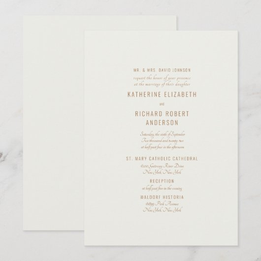 Formele Crème Gouden Tekst Twee Venue Bruid Ouders Kaart (Voorkant / Achterkant)