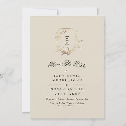 Formele Crème Zwart Monogram Gold Crest Foto Save The Date (Voorkant)