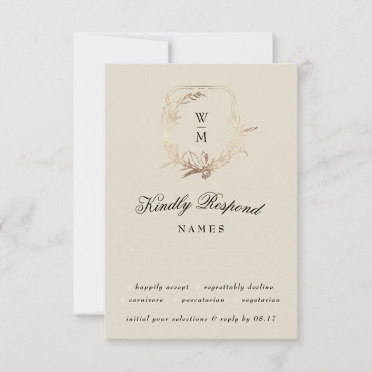 Formele Crème & Zwart Monogram Goud Botanisch Moti RSVP Kaartje (Voorkant)