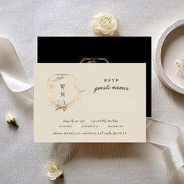 Formele Crème & Zwart Monogram Gouden Krans Bruilo RSVP Kaartje