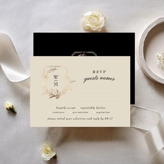 Formele Crème & Zwart Monogram Gouden Krans Bruilo RSVP Kaartje
